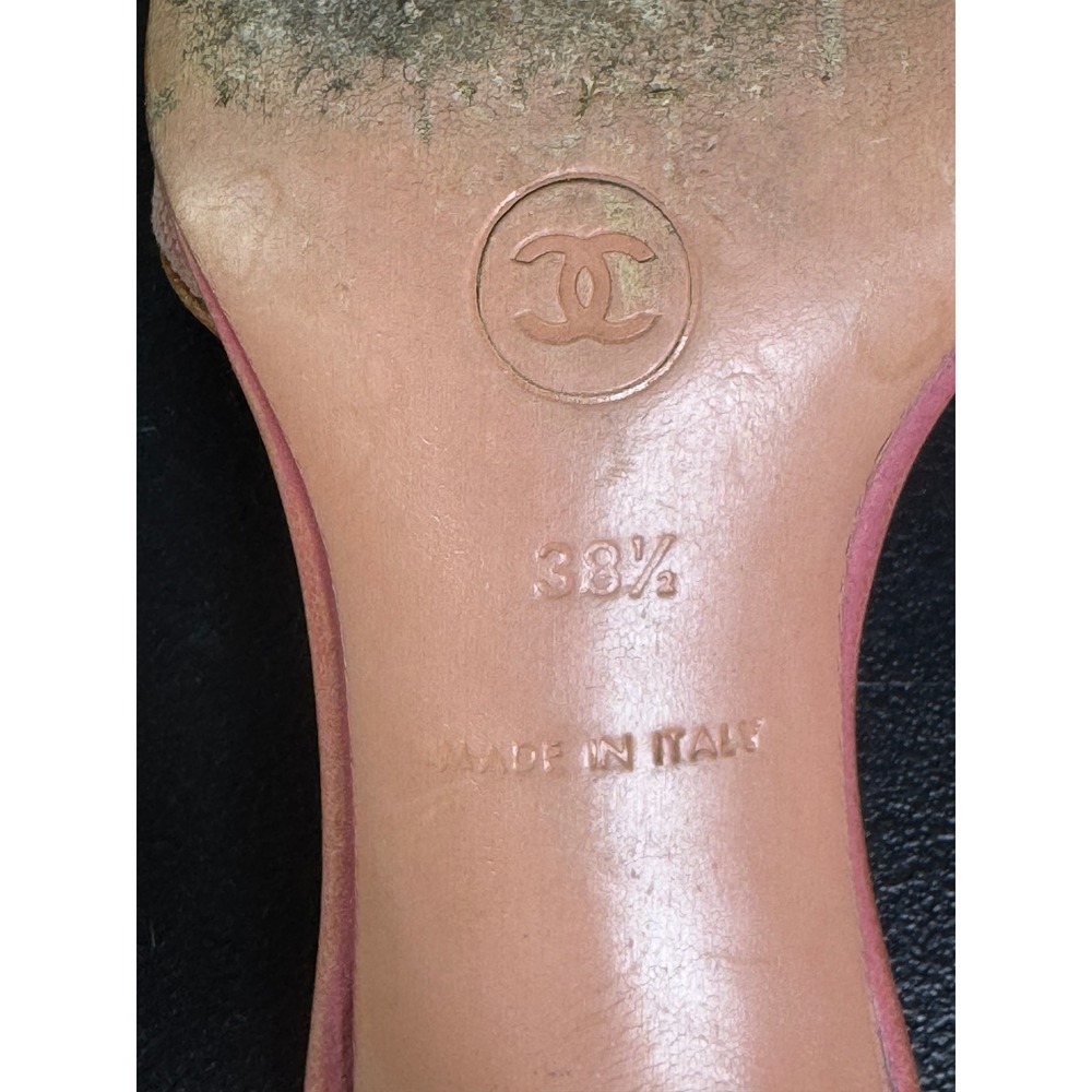 Chanel CC Logo Square Toe Mules Pink Canvas Leather Kitten Heel Sandals 38.5 - Picture 7 of 11